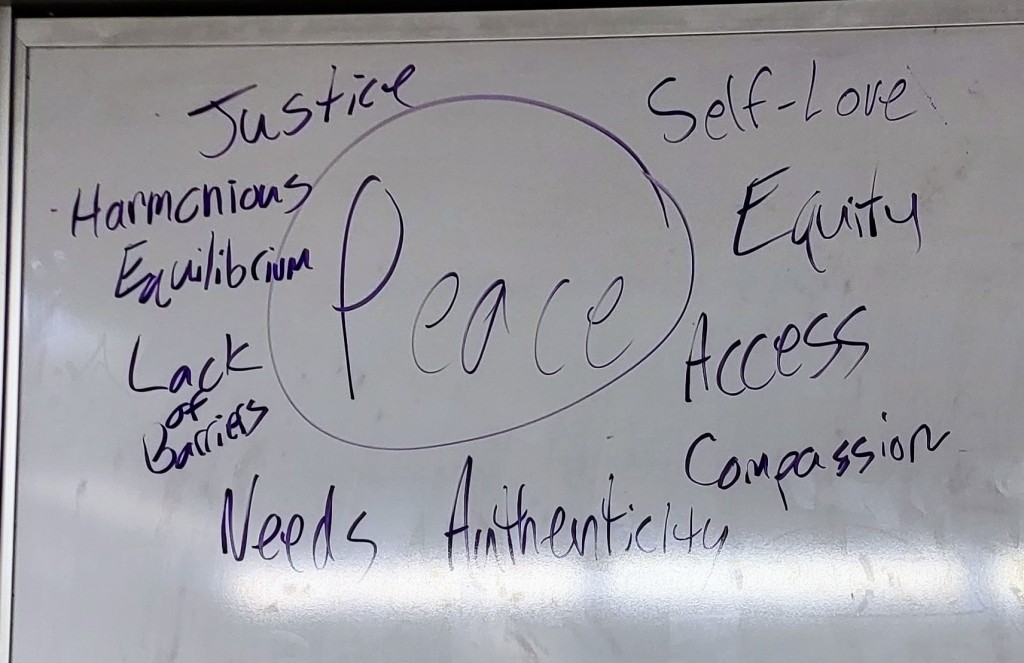 A mind web of participants’ ideas about Peace. An organized description can be found in the next image’s caption.