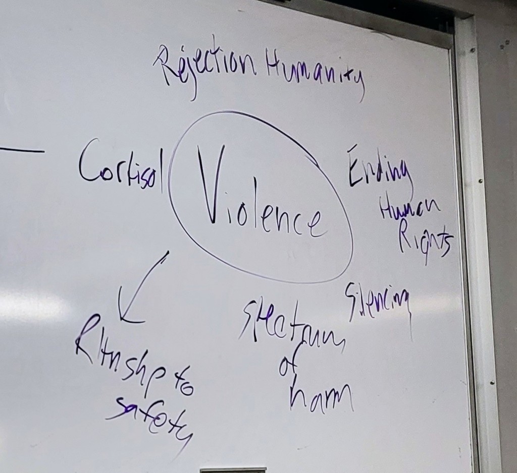 Mind web with “Violence” in a bubble in the middle. Around it are the terms: Rejection of Humanity, Violating Human Rights, Silencing, Spectrum of Harm, Trauma/Stress/Cortisol, and an arrow pointing to “Relationship to Safety”
