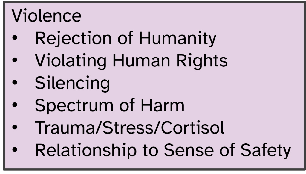 Bulleted list of brain-stormed ideas about violence: Rejection of Humanity, Violating Human Rights, Silencing, Spectrum of Harm, Trauma/Stress/Cortisol, Relationship to Sense of Safety