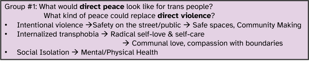 Group #1: What would direct peace look like for trans people?
Safety on the street/public  Safe spaces, Community Making;
Radical self-love & self-care;
Communal love, compassion with boundaries;
Mental/Physical Health