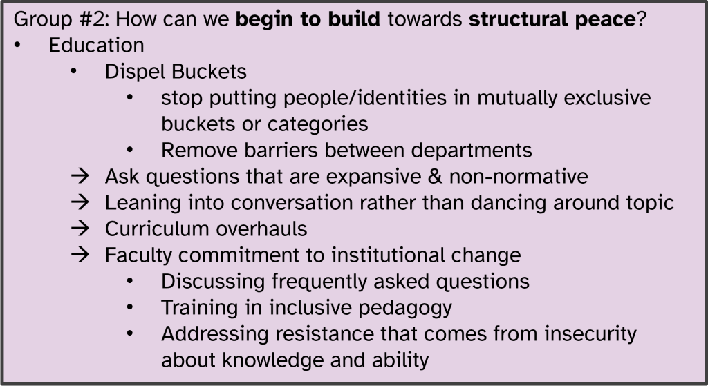 List from Group #2 on how we can begin to build towards structural peace:
Education;
Dispel Buckets:
stop putting people/identities in mutually exclusive buckets or categories;
Remove barriers between departments;
Ask questions that are expansive & non-normative;
Leaning into conversation rather than dancing around topic;
Curriculum overhauls;
Faculty commitment to institutional change:
Discussing frequently asked questions;
Training in inclusive pedagogy;
Addressing resistance that comes from insecurity about knowledge and ability;